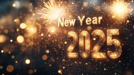 "New Year 2025" written in futuristic digital font, with golden bokeh lights, confetti, and fireworks overhead.