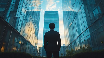 Obraz premium Business professional examines tall office buildings