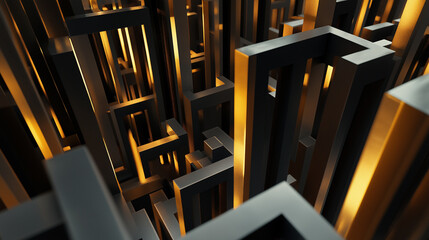 Abstract geometric golden maze-like structure with intricate patterns, symbolizing complexity and technology.
