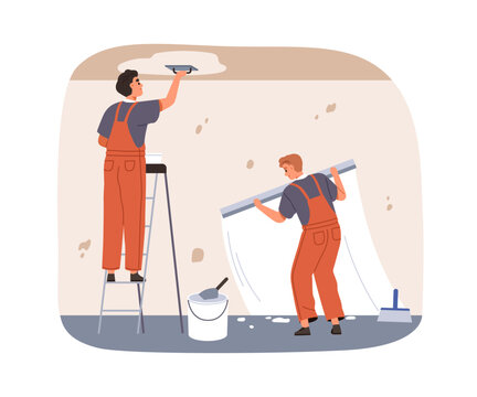 Home renovation, wall and ceiling plastering. Workers smoothing drywall for even surface, applying putty, repair works. Builders laying stucco. Flat vector illustration isolated on white background