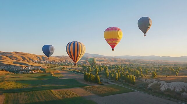 Brightly colored hot air balloons floating above a scenic countryside