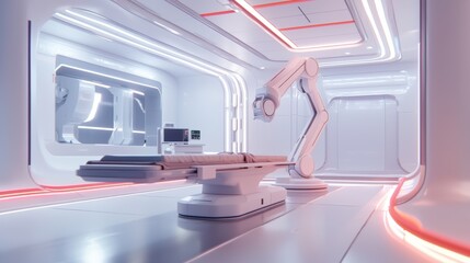 A futuristic medical room featuring a robotic arm, sleek white surfaces, and ambient red lighting, designed for advanced surgical procedures.