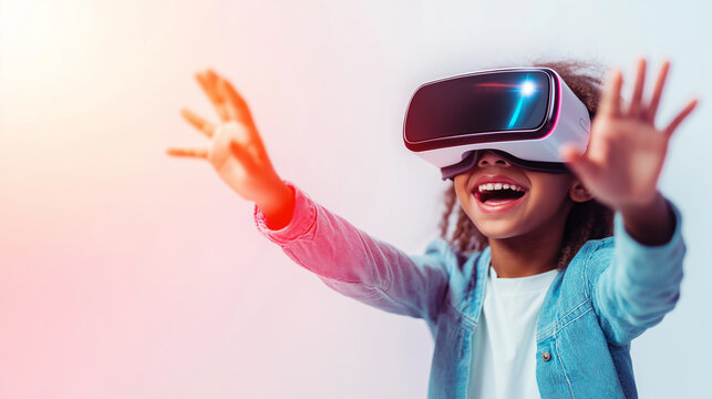  Smiling child wearing virtual reality headset, with hands raised in an interactive VR experience, indoors.