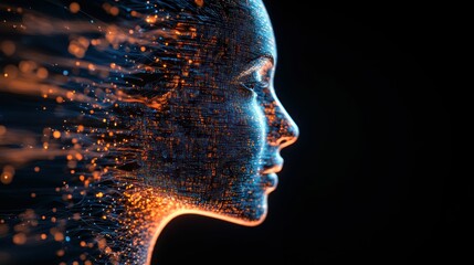 A profile of a woman's face, rendered in glowing particles, with streaks of light emanating from her head.