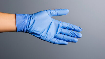 Outstretched hand wearing a blue disposable glove, symbolizing safety, hygiene, and medical or lab environments.