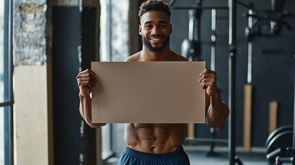 Fit Trainer Holding Blank Cardboard Sign for Motivational Messages in Gym Setting