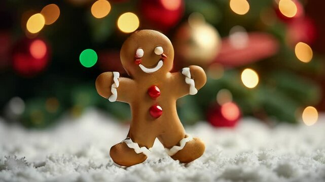 A cheerful gingerbread man cookie with icing details stands among fluffy snow-like decorations. Festive bokeh lights and Christmas ornaments create a warm, joyful holiday atmosphere.