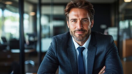 Fototapeta premium Confident Businessman in Suit Looking Directly at Camera