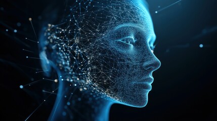 A digital rendering of a human face constructed of glowing lines and dots, representing artificial intelligence or the digital age.