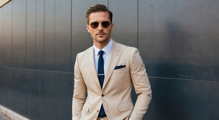 A man in a tan suit stands against a grey wall, wearing sunglasses and a tie