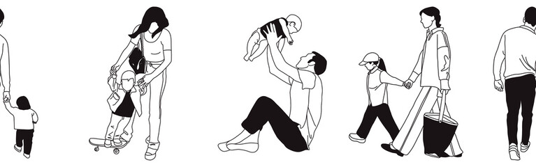 Hand-drawn doodle family border. Outline family clipart. Hand-drawn black art.