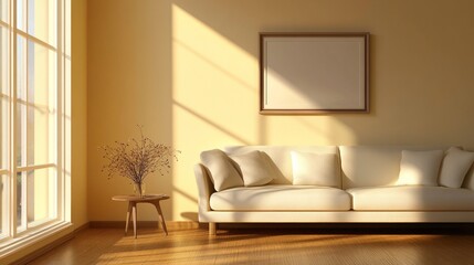Light-filled living room with an empty frame on the wall, a comfortable sofa, and a side table holding dried flowers.