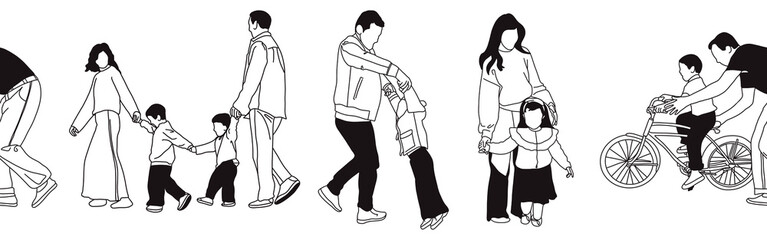 Hand-drawn doodle family border. Outline family clipart. Hand-drawn black art.