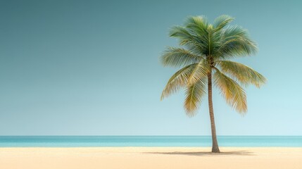 Fototapeta premium Solitary palm tree on tranquil beach under clear blue sky