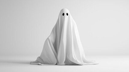 Minimalistic image of a ghost figure draped in a white sheet with dark eye holes, against a plain background.