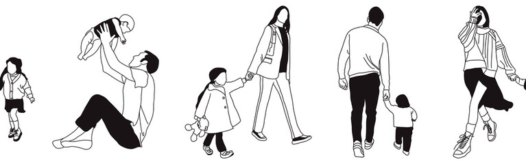 Hand-drawn doodle family border. Outline family clipart. Hand-drawn black art.