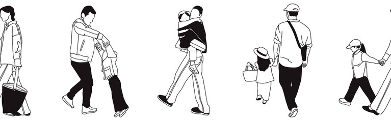 Hand-drawn doodle family border. Outline family clipart. Hand-drawn black art.