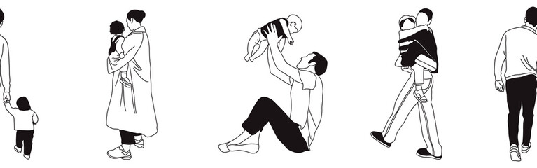 Hand-drawn doodle family border. Outline family clipart. Hand-drawn black art.