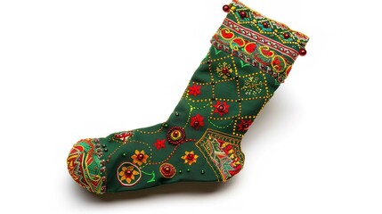 A Charming Christmas Stocking Sock with Delightful Festive Patterns, Standing Isolated on a Pristine White Background. Cheerful Holiday Decoration in a Simple and Clean Setting.