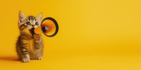 Funny cute kitten with megaphone on yellow background with copy space. Announcement concept, rush, discounts, sales.