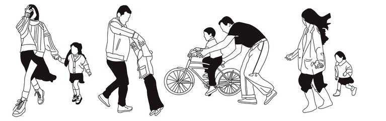 Hand-drawn doodle family icon set. Outline family clipart. Hand-drawn black art.