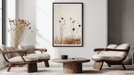 Fototapeta premium Modern living room with a large wall poster frame mockup, with dried flowers on a nearby table, adding character to the interior.
