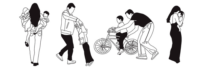 Hand-drawn doodle family icon set. Outline family clipart. Hand-drawn black art.