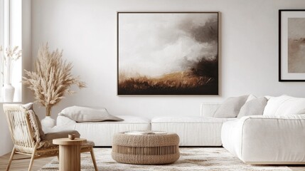 Modern living room with a large wall poster frame mockup, with dried flowers on a nearby table, adding character to the interior.