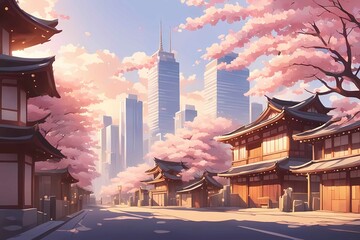 Obraz premium Anime card style traditional and modern house scenery illustration