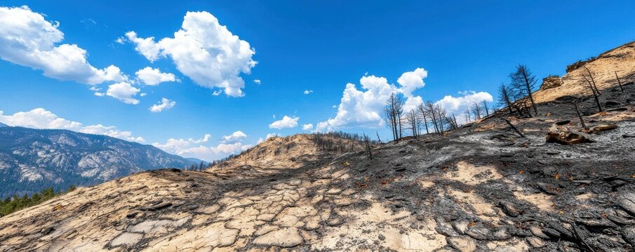 A panoramic view of a burnt landscape under a bright blue sky, showcasing blackened earth and a few charred trees, reflecting the aftermath of a wildfire.
