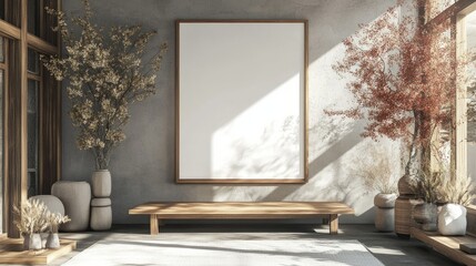Scandinavian-style room with a blank frame, a few dried flowers on a wooden table, and a simple sofa to complete the space
