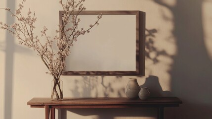 Stylish living room featuring a blank frame above a rustic console table with withered flowers in a vase, surrounded by a calm ambiance.