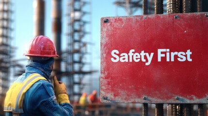 Construction Worker Observing Safety First Sign at Construction Site Highlighting Importance of Safety Measures and Protocols in Building and Infrastructure Development