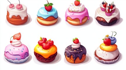 A set for the game. Cakes on a white background in cartoon style