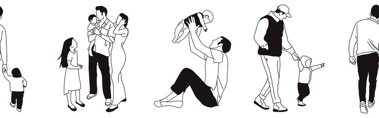 Hand-drawn doodle family border. Outline family clipart. Hand-drawn black art.