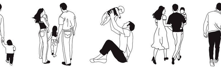 Hand-drawn doodle family border. Outline family clipart. Hand-drawn black art.