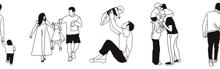 Hand-drawn doodle family border. Outline family clipart. Hand-drawn black art.