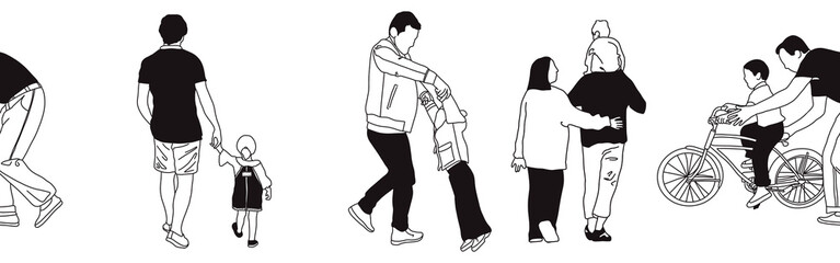 Hand-drawn doodle family border. Outline family clipart. Hand-drawn black art.