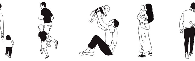 Hand-drawn doodle family border. Outline family clipart. Hand-drawn black art.