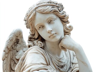 Isolated on white, Angel Statue Serene Marble Sculpture. Generative Ai