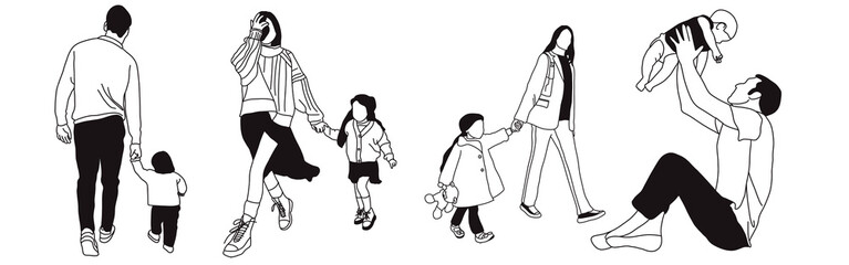 Hand-drawn doodle family icon set. Outline family clipart. Hand-drawn black art.