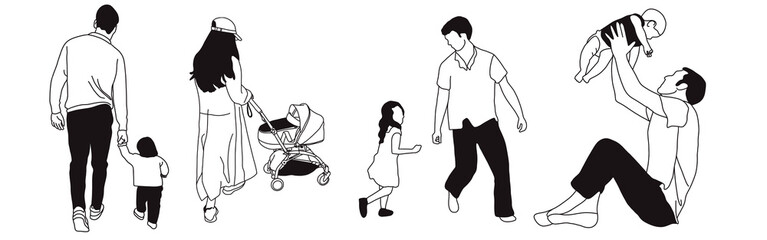 Hand-drawn doodle family icon set. Outline family clipart. Hand-drawn black art.