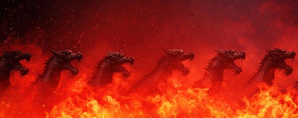 Group of dragon dancers in energetic choreography, fiery backdrop, nightscape, dragon dances ...