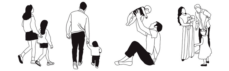 Hand-drawn doodle family icon set. Outline family clipart. Hand-drawn black art.