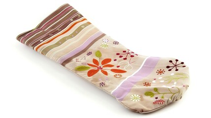 A Charming Christmas Stocking Sock with Delightful Festive Patterns, Standing Isolated on a Pristine White Background. Cheerful Holiday Decoration in a Simple and Clean Setting.