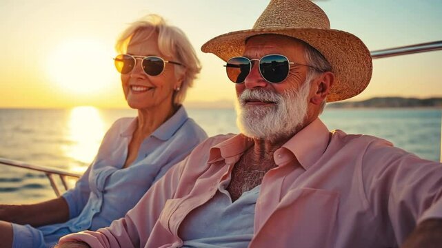 Elegant senior couple enjoying sunset on a yacht, luxury lifestyle concept.
