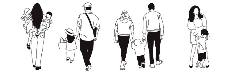 Hand-drawn doodle family icon set. Outline family clipart. Hand-drawn black art.