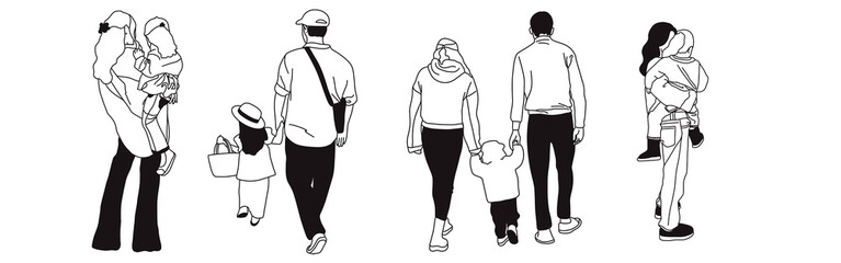 Hand-drawn doodle family icon set. Outline family clipart. Hand-drawn black art.