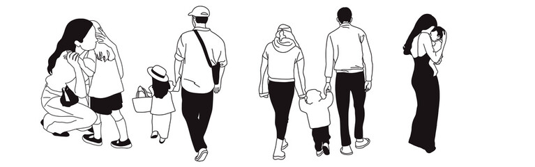 Hand-drawn doodle family icon set. Outline family clipart. Hand-drawn black art.