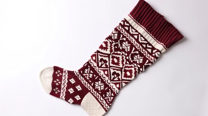 A Charming Christmas Stocking Sock with Delightful Festive Patterns, Standing Isolated on a Pristine White Background. Cheerful Holiday Decoration in a Simple and Clean Setting.